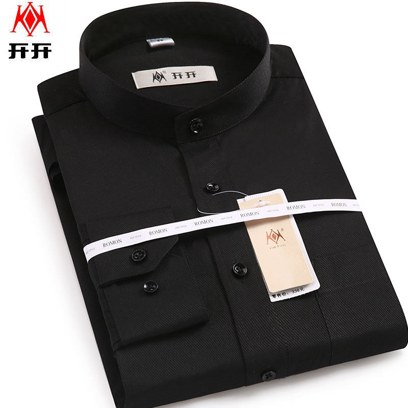 开开立领男士衬衫黑色长袖商务休闲春季新款圆领小领男时尚衬衣