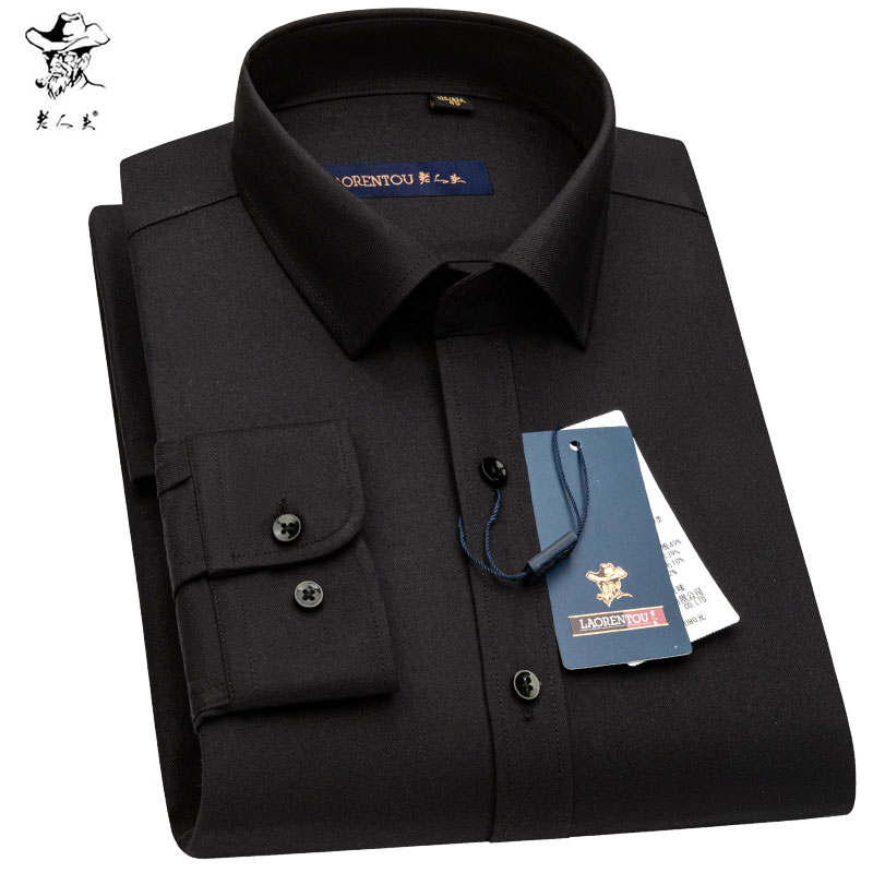 老人头羊毛衬衫男士长袖纯黑色商务正装上班工装高档男式黑色衬衣
