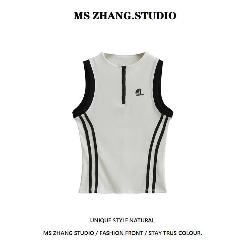 字母印花半拉链背心辣妹上衣