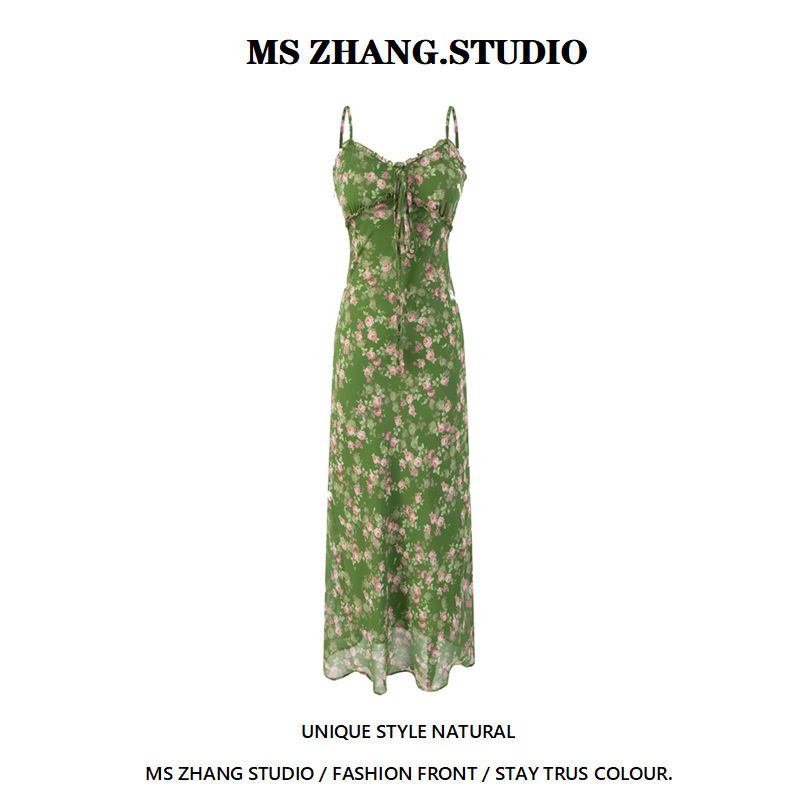 2025春夏新款山岚绿复古吊带裙