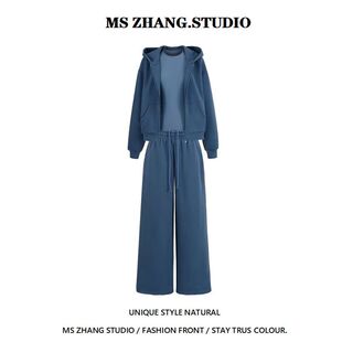 加绒连帽拉链卫衣外套基础款圆领长袖t恤假两件双腰卫裤三件套女