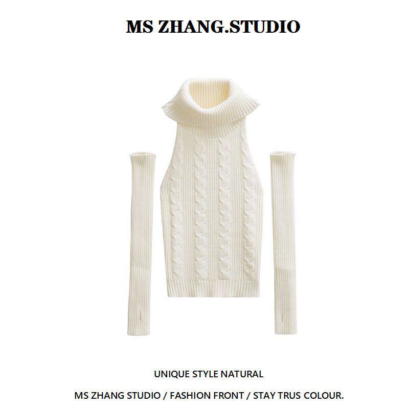 辣妹性感高领麻花套袖露肩毛衣女2026春季新款显瘦针织背心短上衣