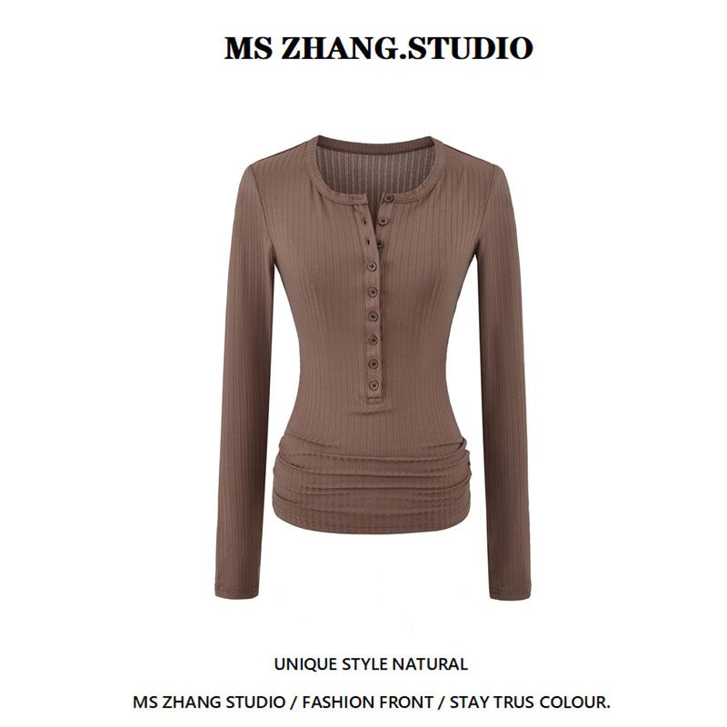 美式复古坑条纽扣半开领长袖T恤