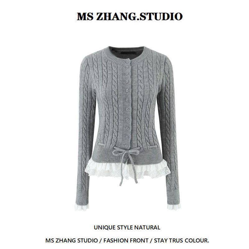 美式复古蕾丝花边麻花针织开衫女2025秋冬新款宽松圆领毛衣外套潮