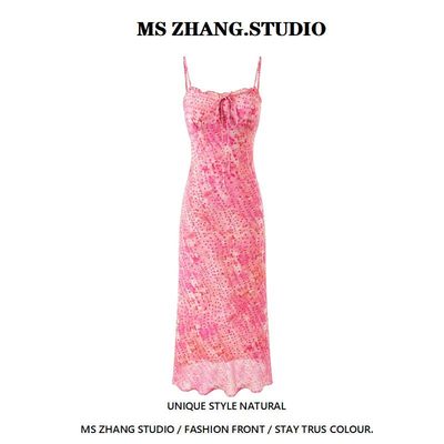 法式复古碎花吊带连衣裙