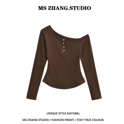 小众设计感斜肩纽扣长袖T恤女