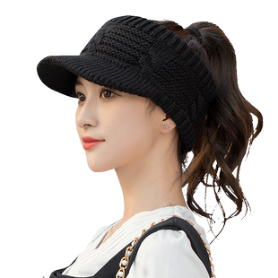 新款空顶鸭舌帽女秋冬时尚纯色休闲帽子针织毛线帽可扎马尾棒球帽