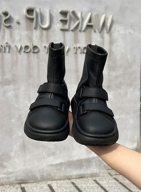 男童黑色皮靴儿童童鞋马丁短靴2025春秋新款女童真皮后拉链中筒靴
