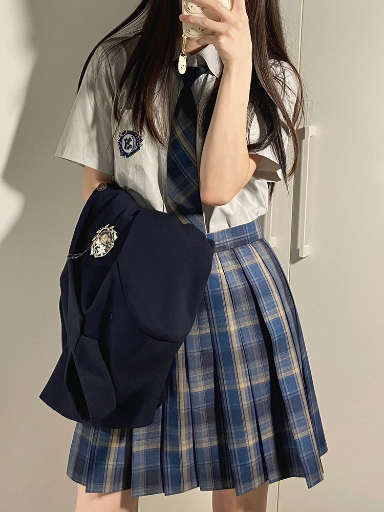 [ICE CREAM AND WHALE]ORIGINAL JK UNIFORM-MIST WHALE BRITISH STYLE JK CHECKERED SKIRT BLUE CHECKERED