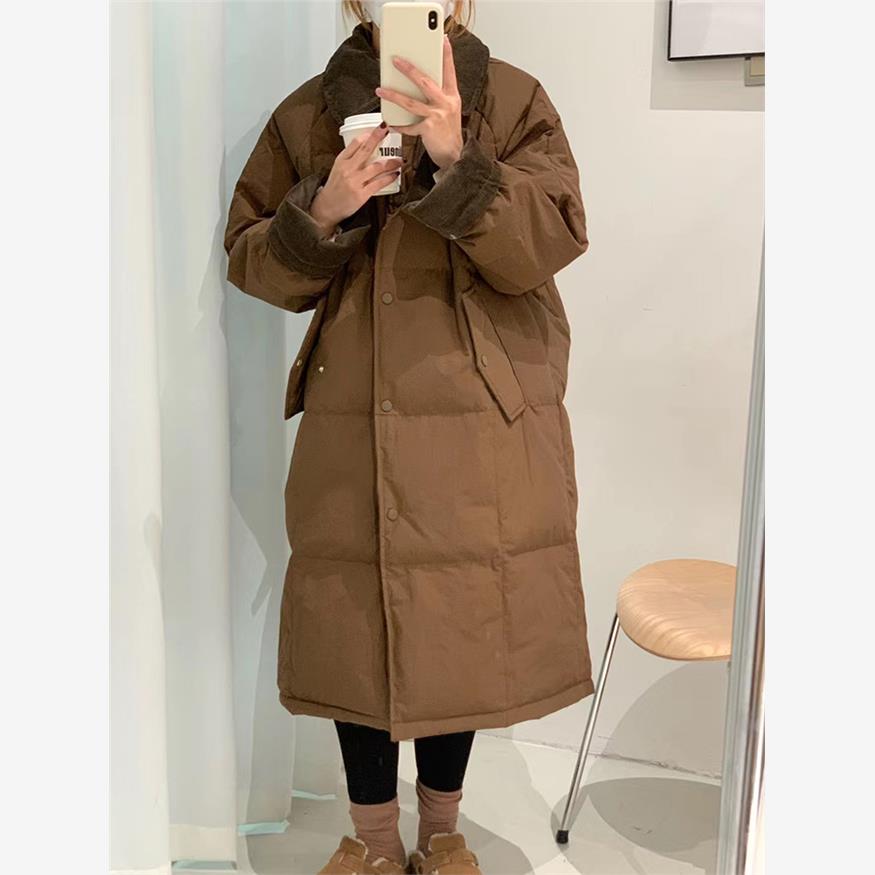 灯芯绒翻领拼接羽绒棉服女2025新款长款过膝加厚保暖宽松夹棉外套