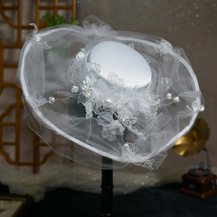 2024夏新品法式白色晚宴礼帽女 优雅婚纱写真配饰帽旅拍发式