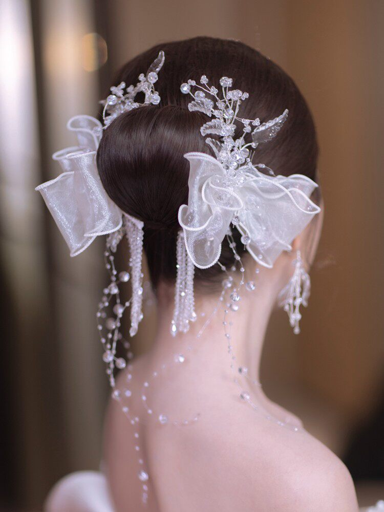 新娘头饰韩式白色水晶串珠蝴蝶结头花结婚摄影写真发饰