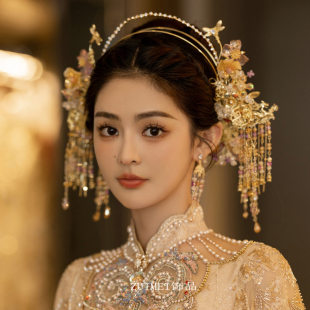 新款新娘头饰金色手工琉璃古风汉服拍照浅色秀禾服中式圣女冠发饰