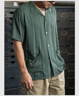 夏威夷度假古巴领半袖 NON 衬衫 RAYON人造丝素色短袖 衬衣 STOCK