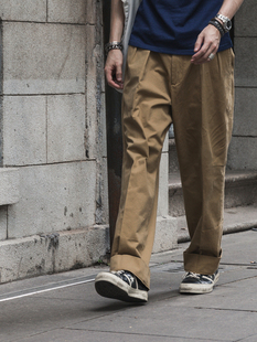子2折泡裤 男女直筒中高腰阔腿卡其裤 STOCK两褶宽松休闲长裤 NON