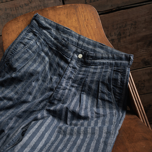 轻薄牛仔中裤 夏季 Stock色织西瓜条纹双褶宽松直筒青年布短裤 Non