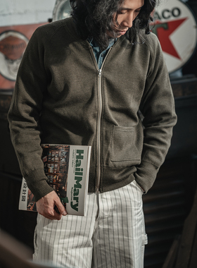 恶犬BRONSON 复刻二战C-2橄榄绿羊毛针织拉链开衫 男士毛衣线衫C2
