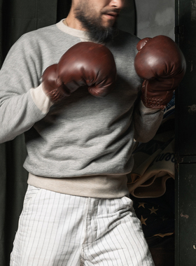 恶犬BRONSON 复刻双V重磅麻灰色套头运动衫 加厚毛圈纯棉拳击卫衣