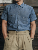 竹节纱工装 Non 衬衣 1942山型口袋青年布短袖 衬衫 Stock WW2简化版