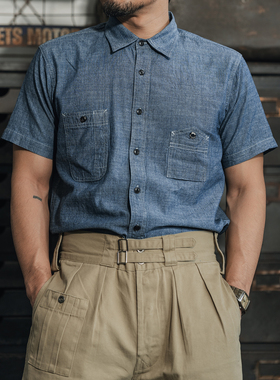 Non Stock WW2简化版1942山型口袋青年布短袖衬衫 竹节纱工装衬衣