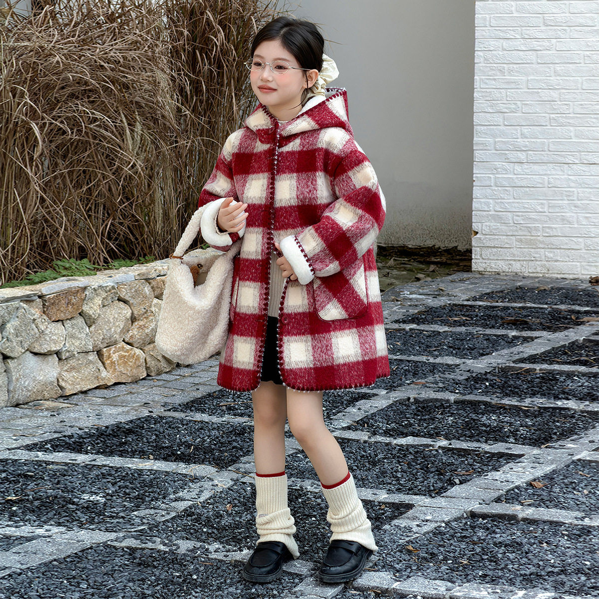 女童格子大衣秋冬装2025新款大童韩系时尚加绒加厚中长款呢子外套