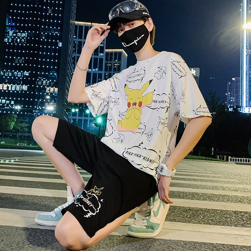 夏装青少年运动休闲帅气两件套短裤卡通短袖T恤套装男TZ265,男装T恤,电商A441