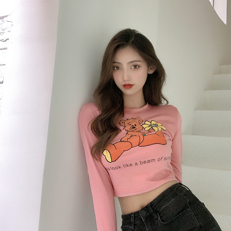 Real price high waist short cute bear print slim long sleeve T-shirt