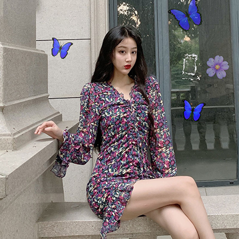 Real shot real price Retro Style Floral show thin V-neck Chiffon drawstring adjustable dress