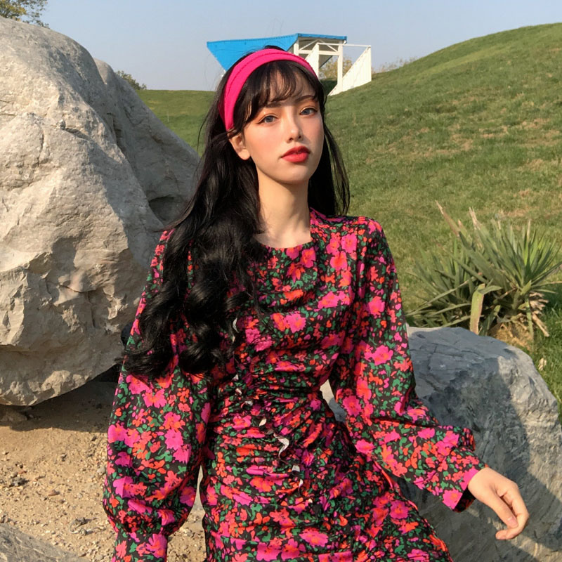 Real price spring new style retro floral cut age high waist Ruffle stitching dress