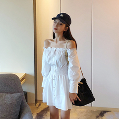 Control price 44 real price chic wind shoulder long pocket Pearl Button Shirt Dress