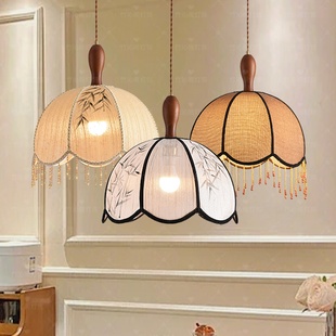 法式 中古风布艺吊灯客厅卧室餐厅吧台灯复古南洋实木浪漫房间灯具