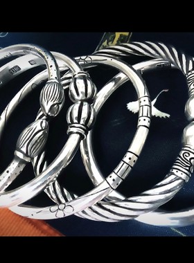 非遗老手艺素面银珠手镯纯银饰品