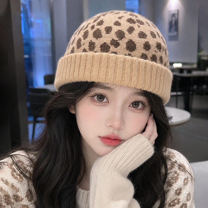 欧美式豹纹针织瓜皮帽冬季新款男女同款显脸小保暖翻帽檐地主帽子