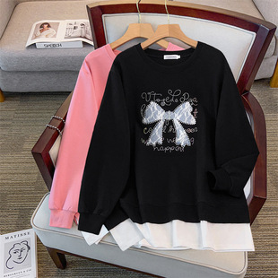 特超大码圆领休闲卫衣女秋季中长款350斤胖mm宽松长袖假两件上衣