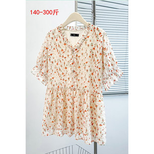 夏季特超大码短袖碎花雪纺衫女300斤胖mm洋气显瘦喇叭衬衫上衣