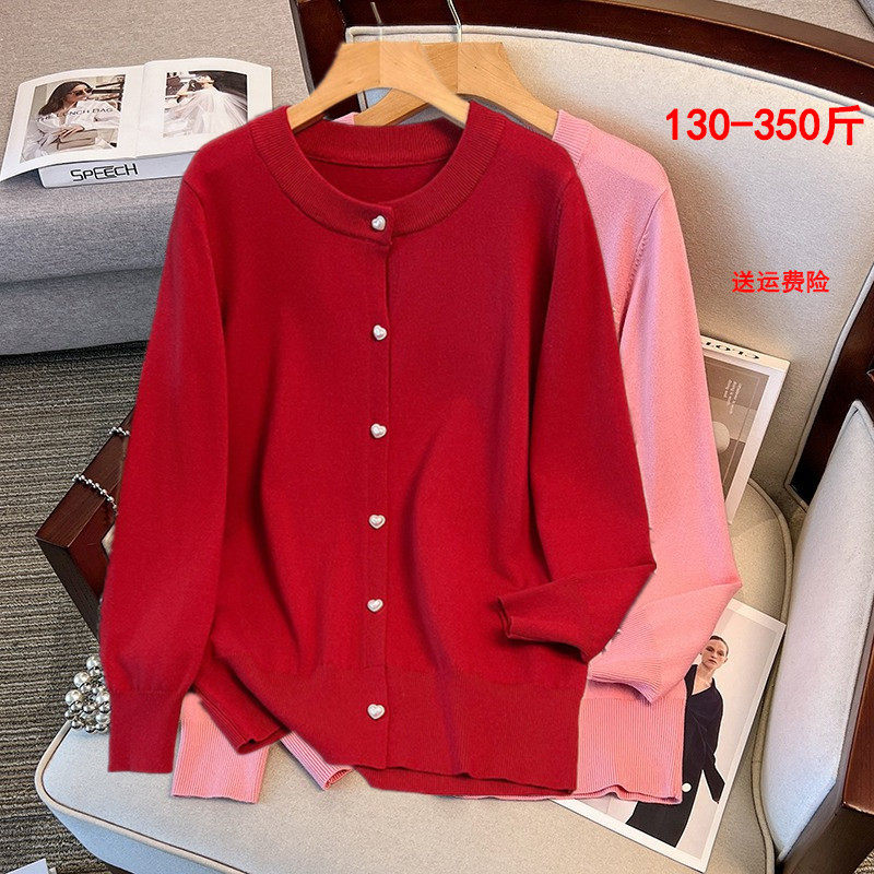 特大码红色开衫针织衫毛衣女韩版