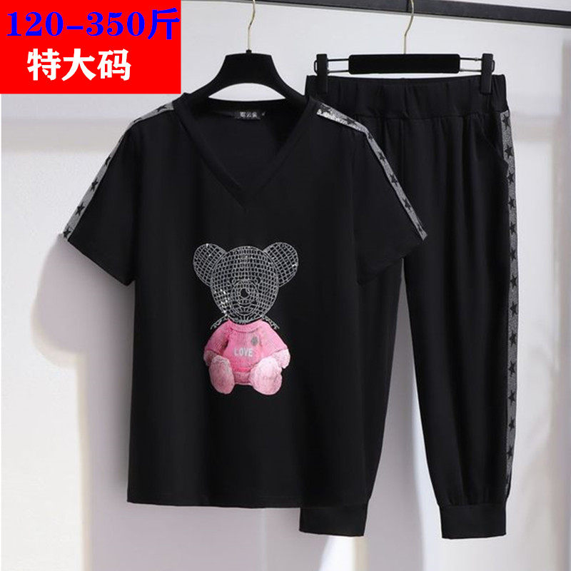 胖mm夏季短袖体恤7分裤套装女