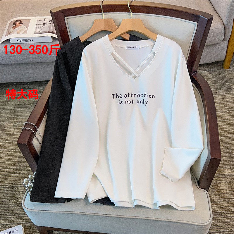 特大码女装设计感V领卫衣春秋加肥加大胖mm洋气显瘦300斤遮肚上衣