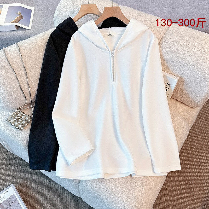 胖mm纯色长袖正肩卫衣女300斤春秋装特大码200宽松显瘦连帽衫上衣