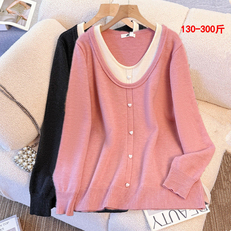 特大码女装300斤假两件针织衫长袖上衣胖mm减龄显瘦宽松韩系毛衣,女装/女士精品,常规大码外套,淘宝优惠券,粉丝福利购,淘宝优惠卷