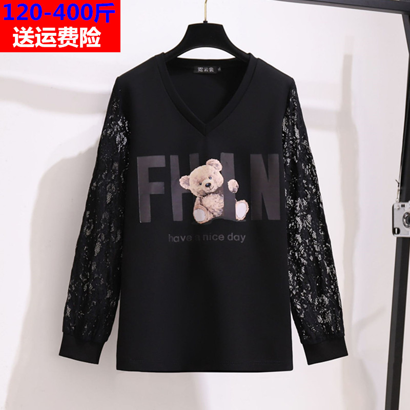 350斤特大码春秋蕾丝V领t恤女长袖200韩版胖mm百搭纯色打底衫上衣