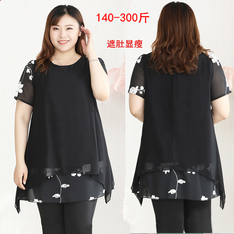 胖mm中长款雪纺衫上衣女短袖韩版