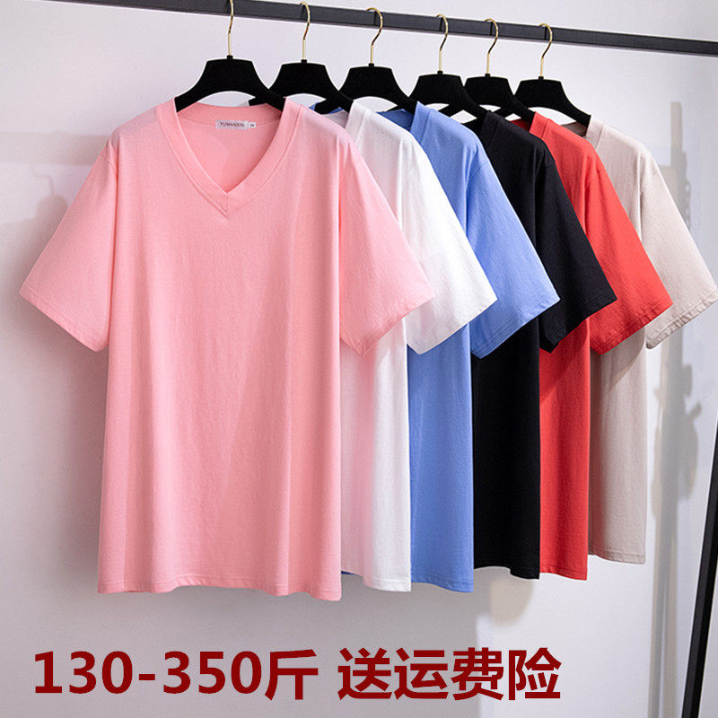 中长款时尚宽松V领圆领t恤女短袖350斤特大码胖妹妹百搭显瘦体恤