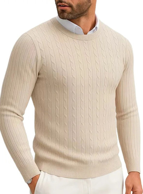 Mens Sweater Crewneck Cable Knit Pullover Sweater Casual毛衣
