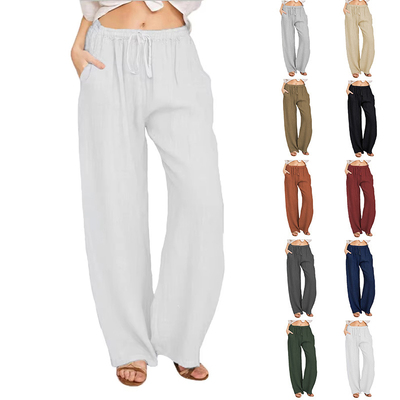 Women's Cotton Linen Drawstring High Waisted Pants Casual