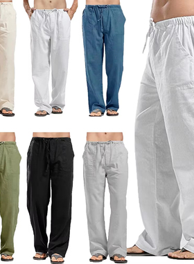 Men's Cotton Linen Pants Solid Breathable Linen Trousers