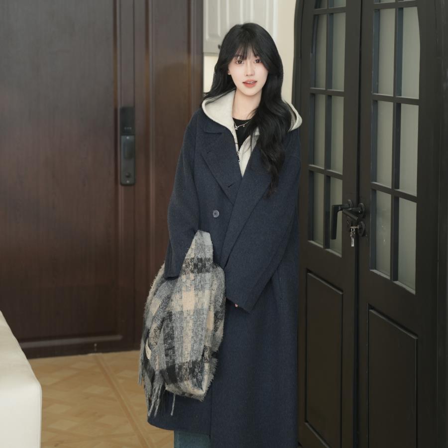 宽松气质百搭时尚中长款大衣女士秋冬款小个子双面毛呢大衣
