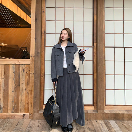 uuyeii 不规则A字百褶裙高级灰秋冬显瘦高腰长款休闲百搭半身裙