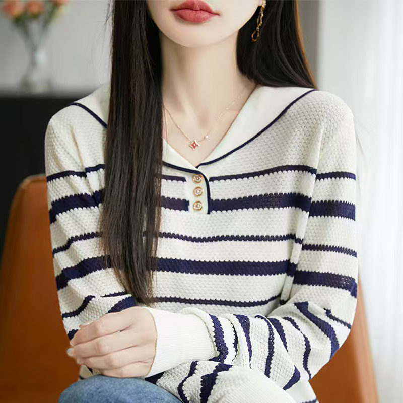 菠萝针时尚百搭条纹拼色海军领长袖针织衫女宽松慵懒可外穿上衣