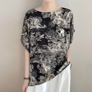 2025夏季新款短袖宽松印花弹力网纱T恤气质显瘦上衣欧货小衫洋气